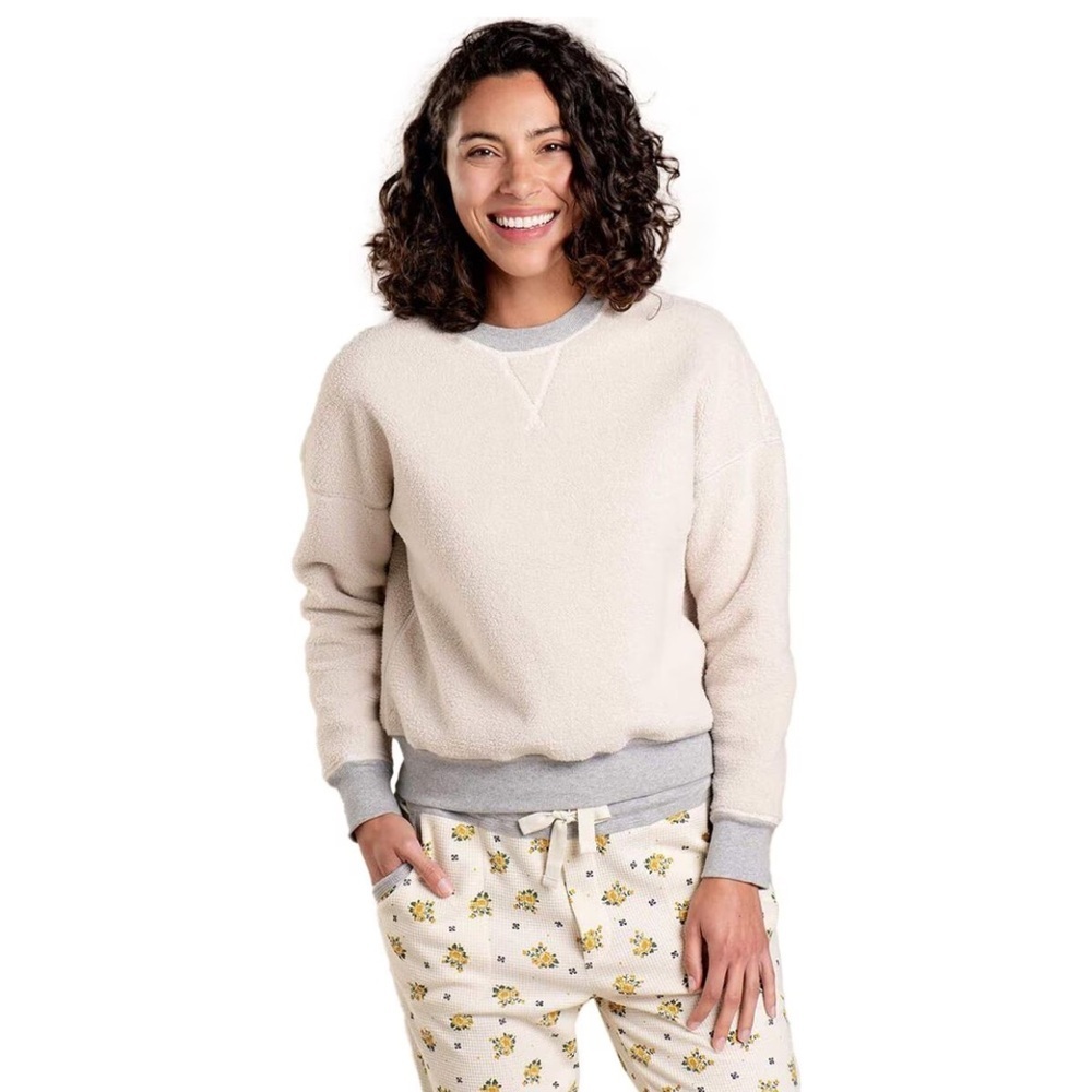TOAD&Co Women’s Flatlander Crew Sweatshirt in Cream/Grey. Size Large